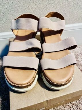 Cream Tan Cork Triple Strap Platform Sandals with Elastic Straps